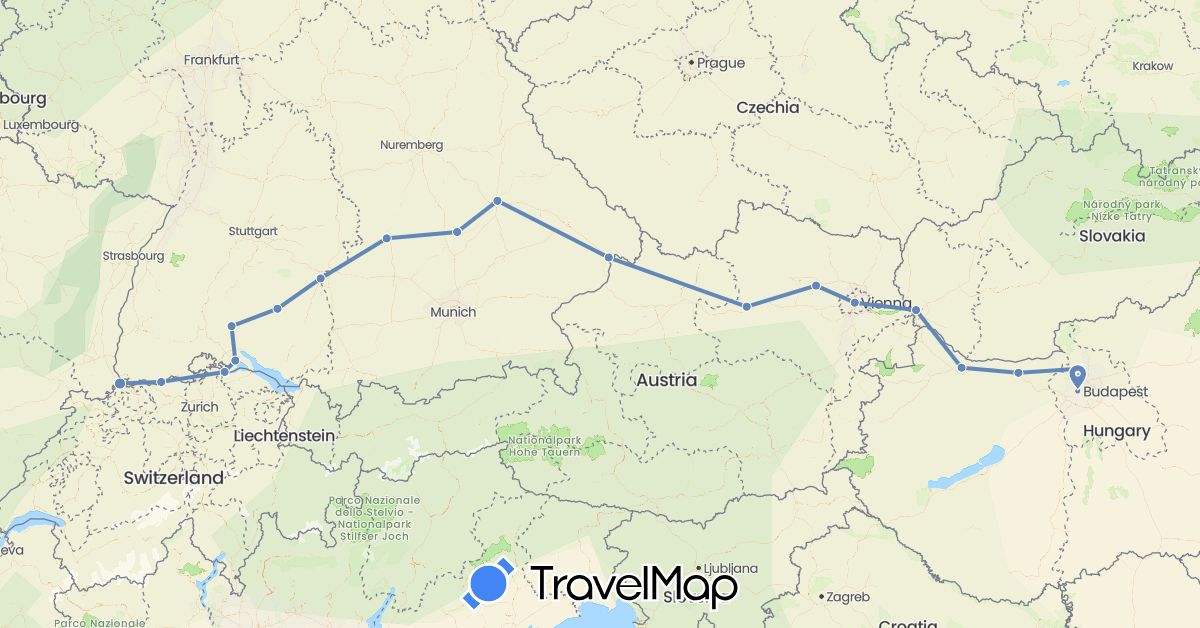 TravelMap itinerary: driving, cycling in Austria, Switzerland, Germany, Hungary, Slovakia (Europe)
