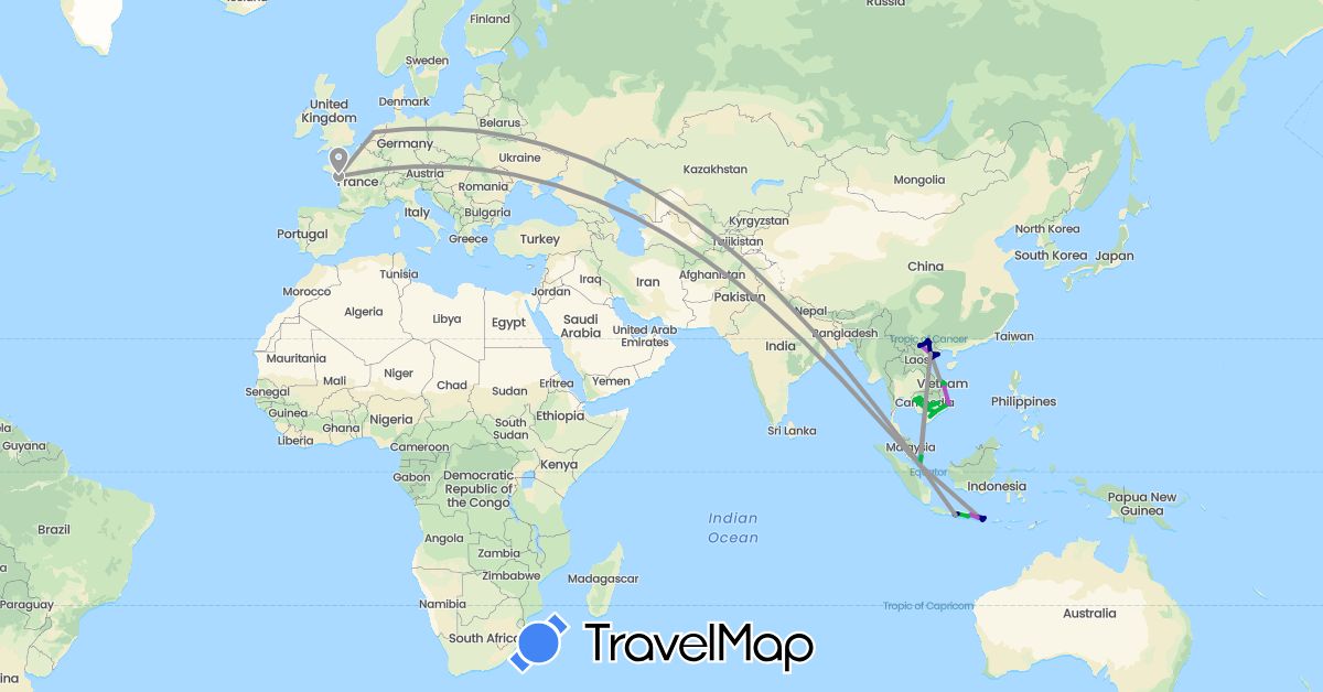 TravelMap itinerary: driving, bus, plane, train, boat in France, Indonesia, Cambodia, Malaysia, Netherlands, Singapore, Vietnam (Asia, Europe)